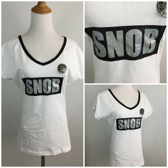 NWT BODY FROSTING White Black Glittery Silver SNOB Print Short Sleeve Shirt Tee - Picture 1 of 7